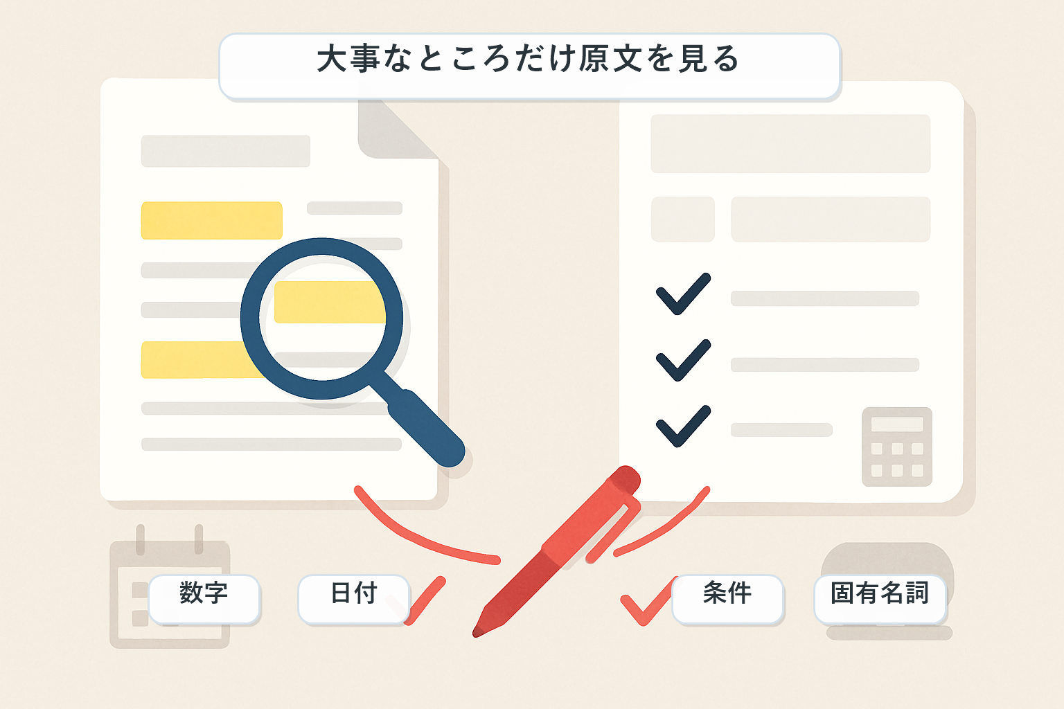 AIの要約結果を読んだあと、数字や日付、条件、固有名詞など大事なところだけ原文を見る図