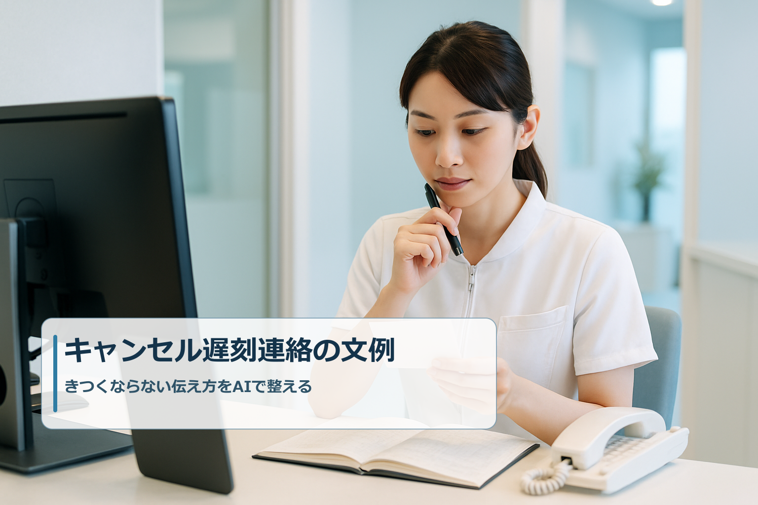 歯科医院の受付でキャンセルや遅刻連絡の文面を確認し、きつくならない伝え方に整えているイメージ