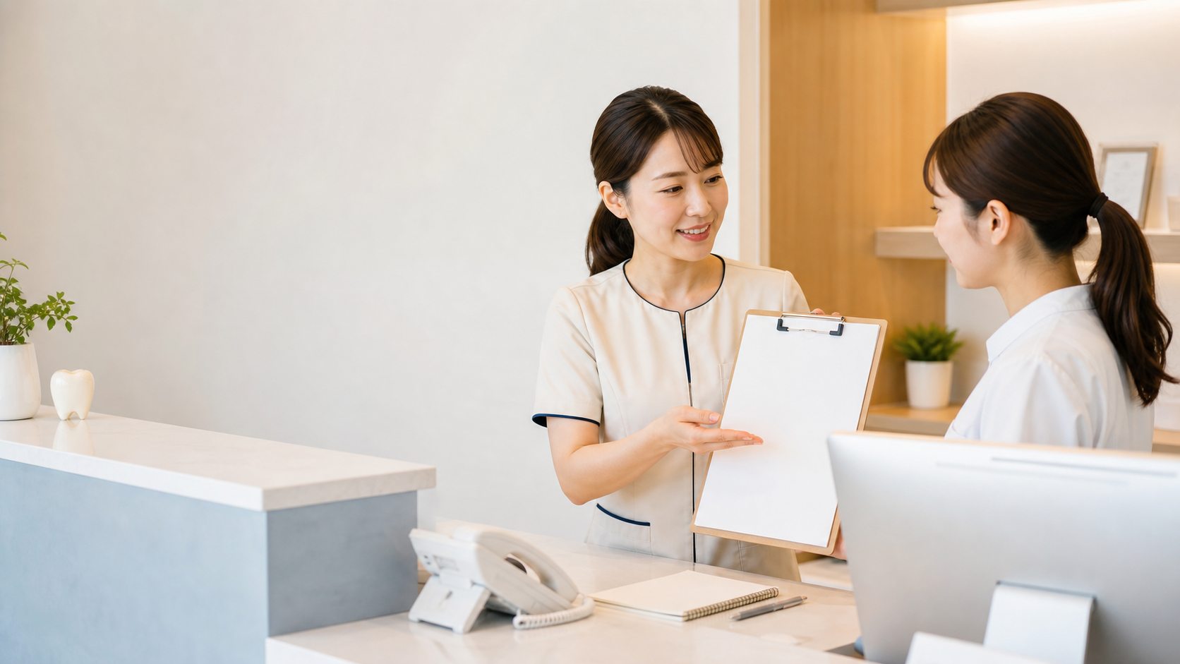 歯科医院の受付で先輩スタッフが新人スタッフに教育チェックリストを見せながら説明しているイメージ