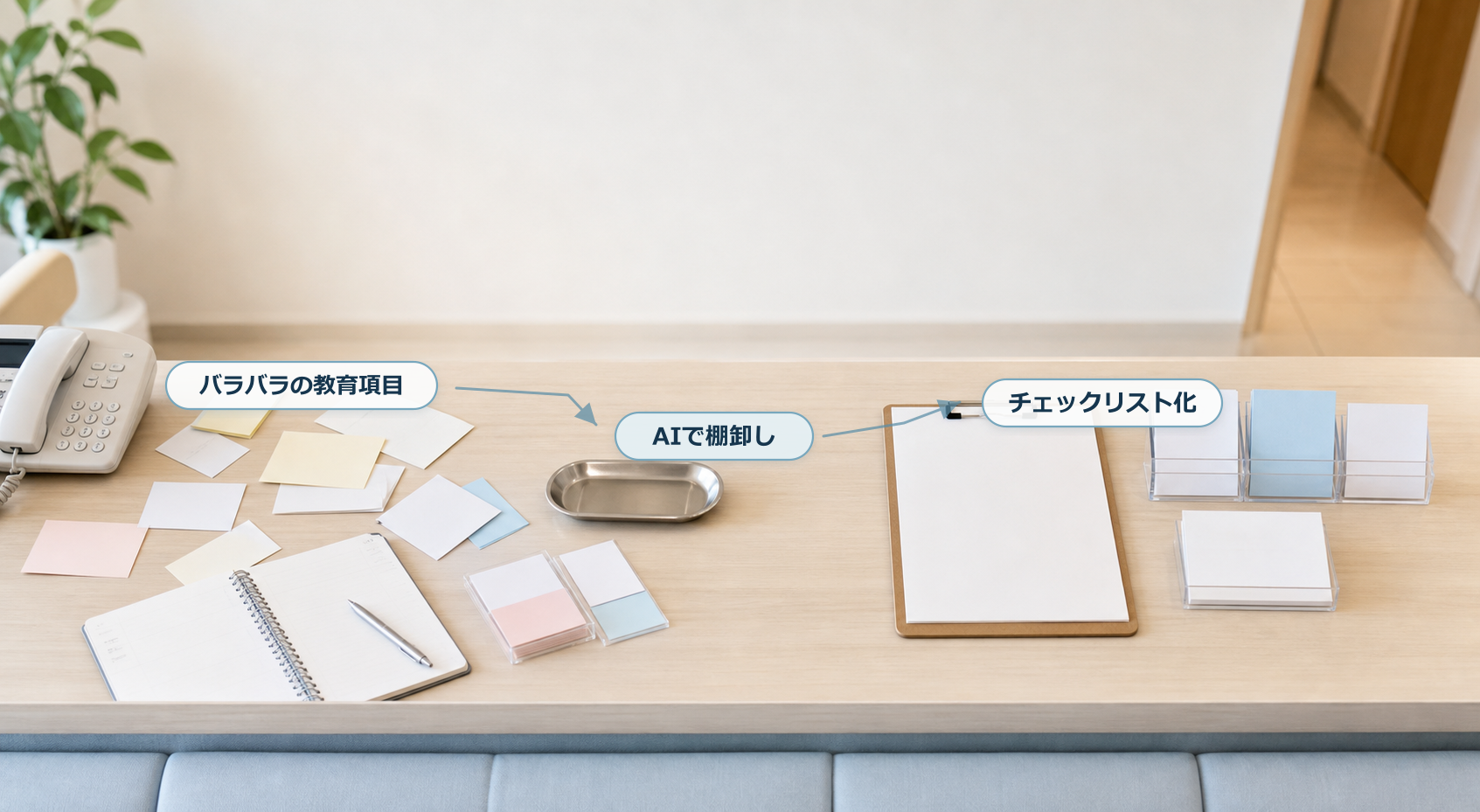 歯科医院の新人受付スタッフに教える内容を、バラバラのメモからチェックリストへ整理するイメージ