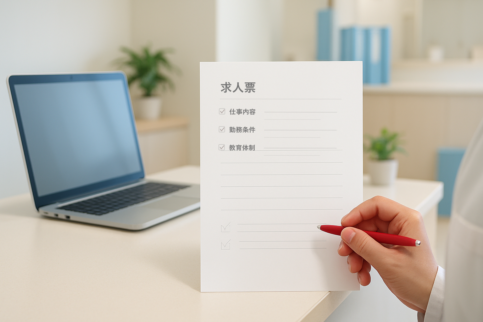 歯科医院の求人票を赤ペンで確認している手元の画像